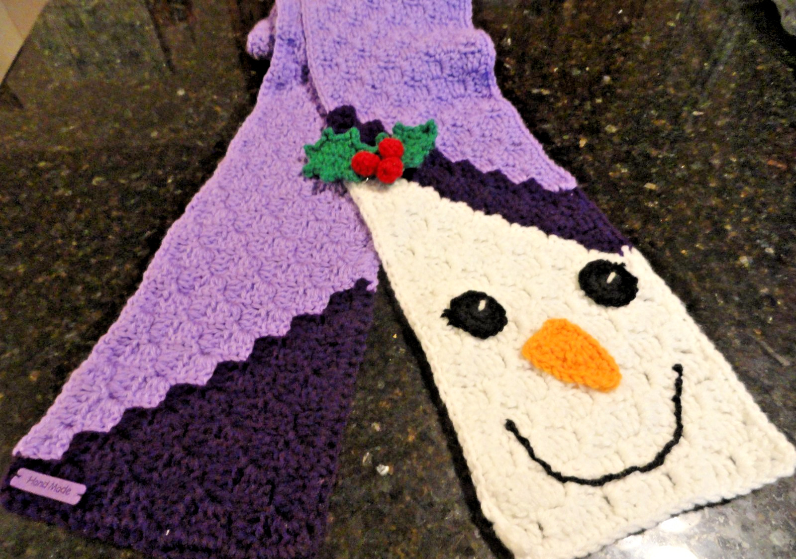 new unisex hand crochet winter neck scarf purple SNOWMAN Home made Fun Look