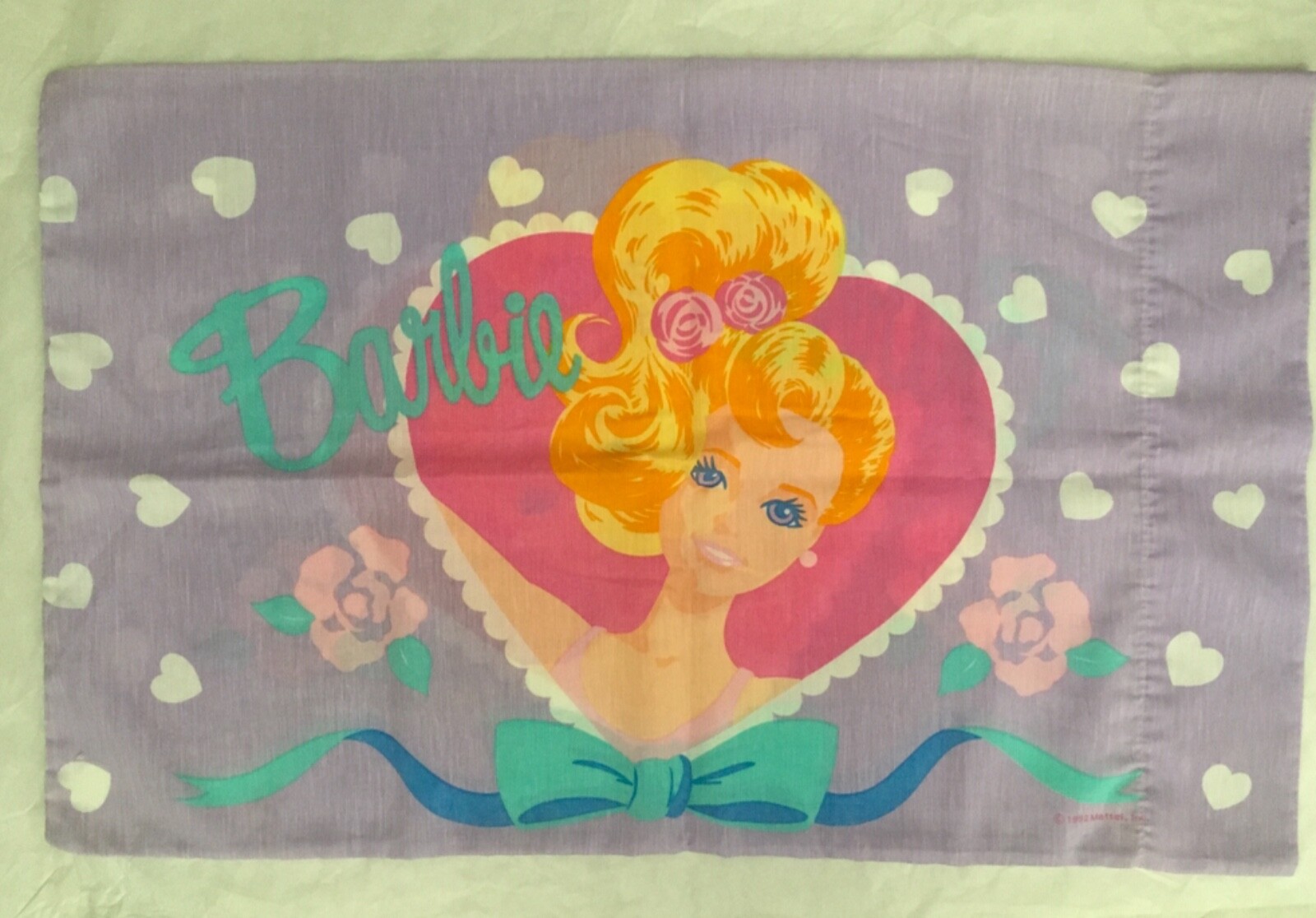 Vintage Mattel Barbie Pillow Case 1992 Pink Purple Hearts Double Sided