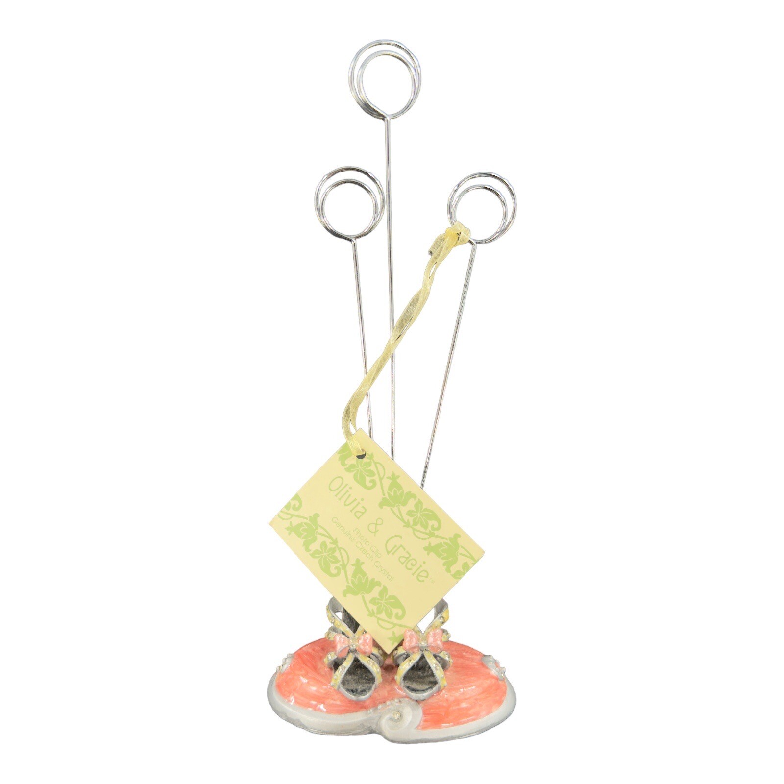 Olivia and Gracie Whimsical Photo Clip Stand Czech Crystal Metal Shoe W Stones