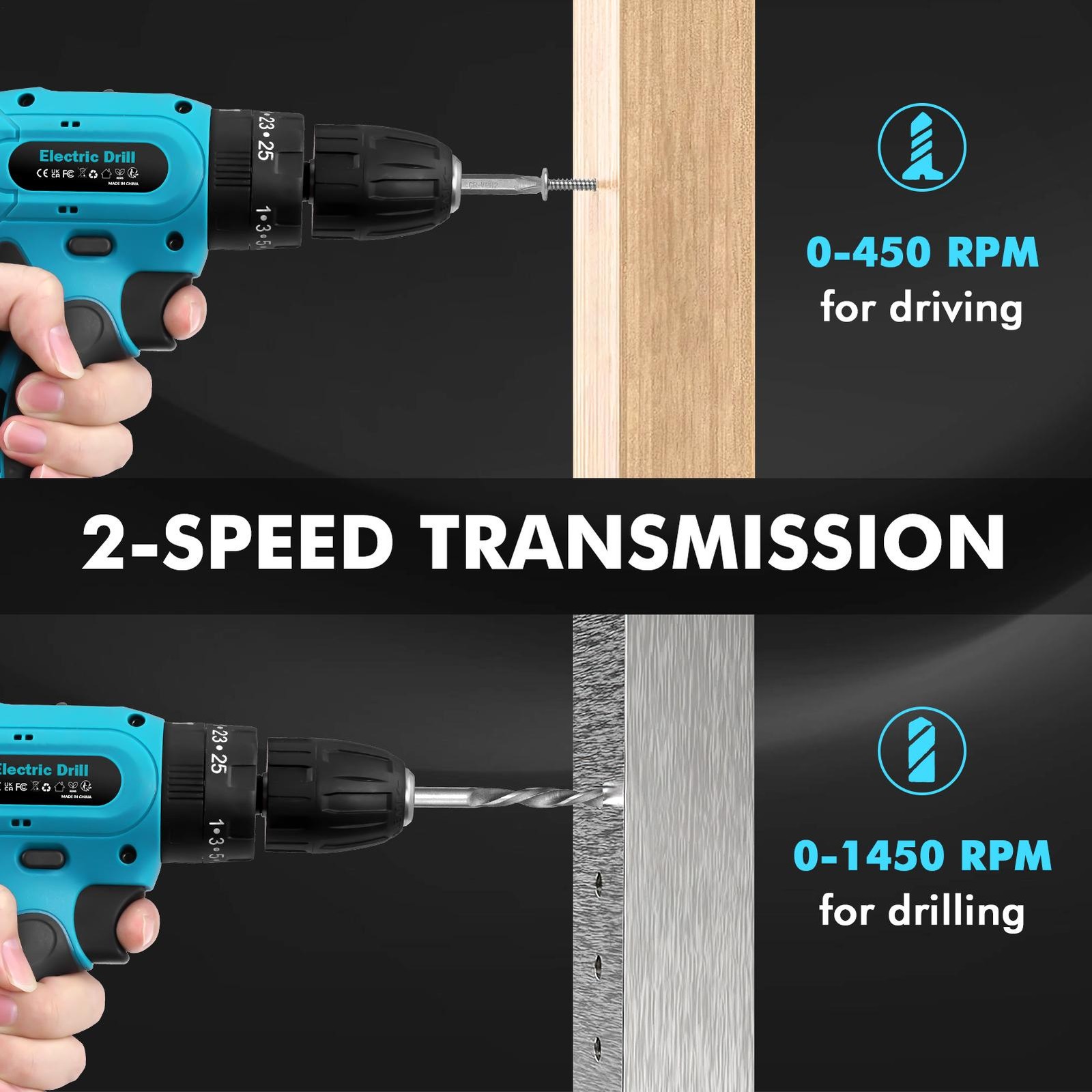 21V Cordless Drill Screwdriver Battery Driver Electric W/ 2 Batteries