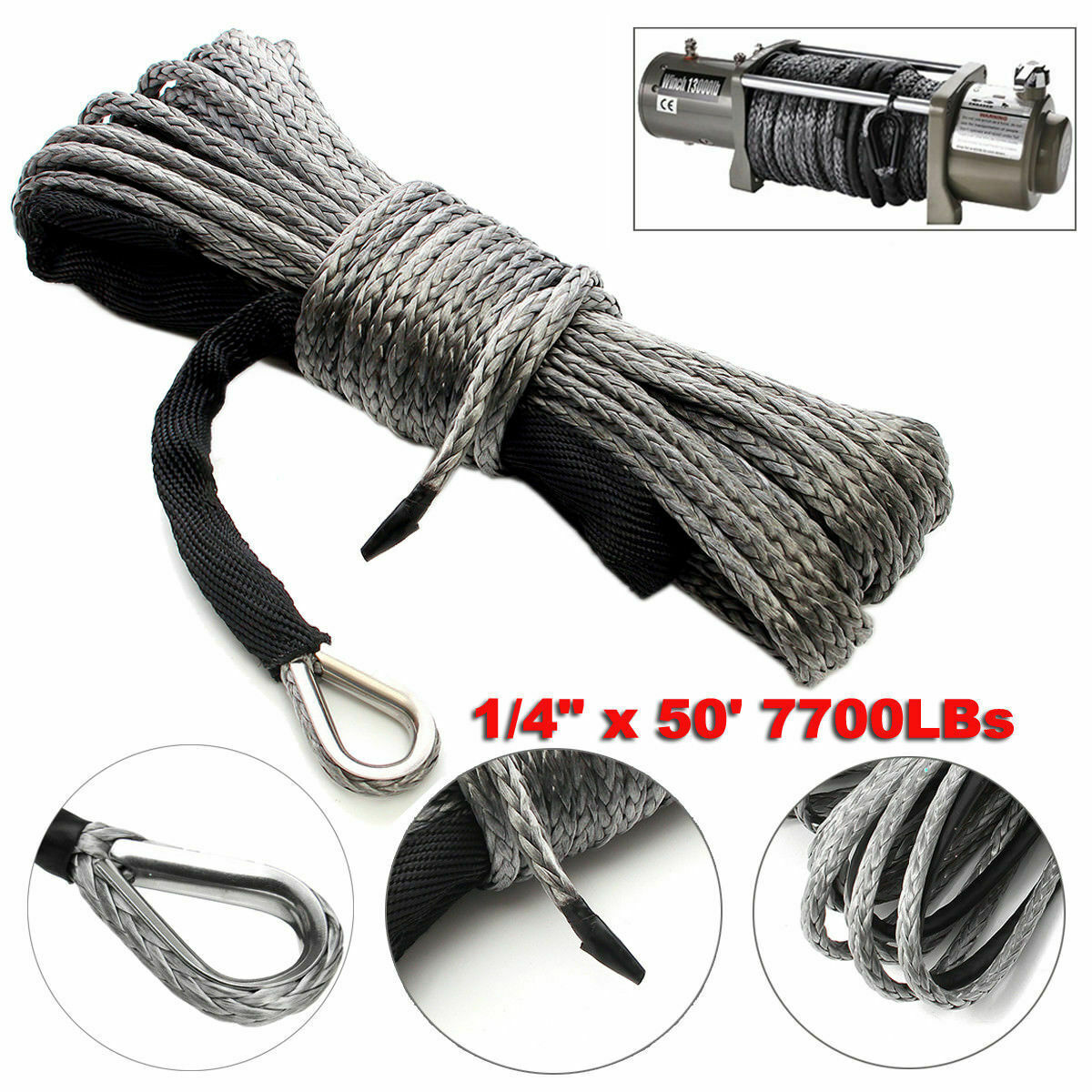 1/4" 50ft Synthetic Winch Rope 10000lbs Recovery Cable Winch Line  Vehicle AE