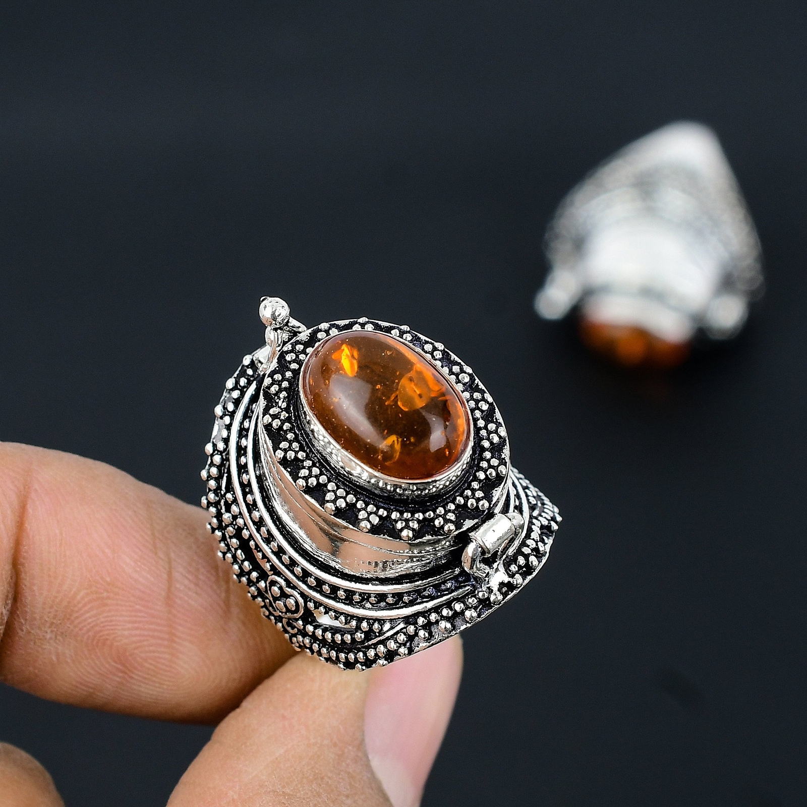 Blatic Amber Gemstone Handmade 925 Sterling Silver Poison Ring Gift Size 9 N084