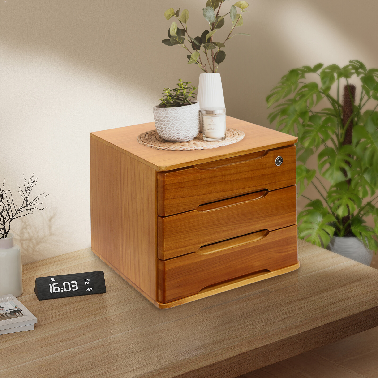 Modern Rectangle 3-Tier Desktop Storage Box Organizer with Lock Filing Cabinet