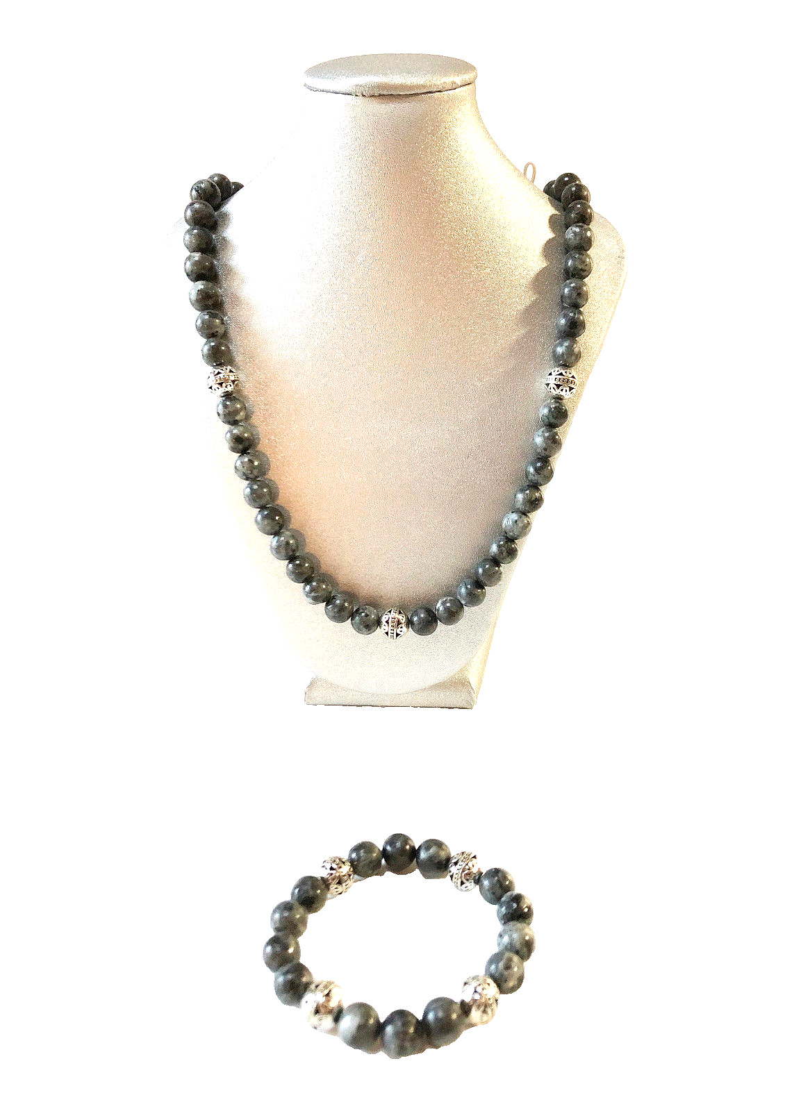 Handmade 10mm Black Gray Labradorite & Silver Bali Bead Bracelet & Necklace