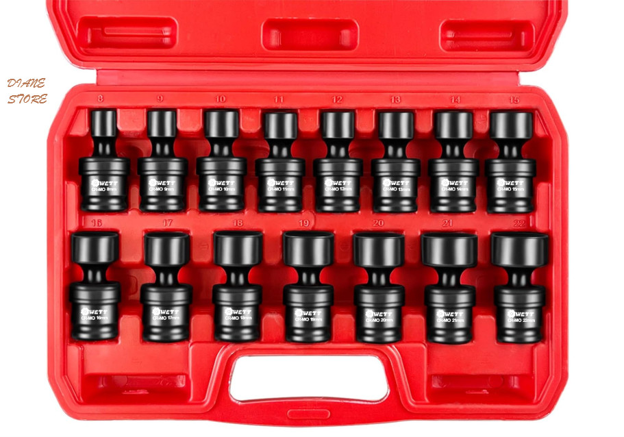 WETT 3/8" Drive 15pcs Impact Swivel Socket Set, Metric 8-22mm CR-MO Steel