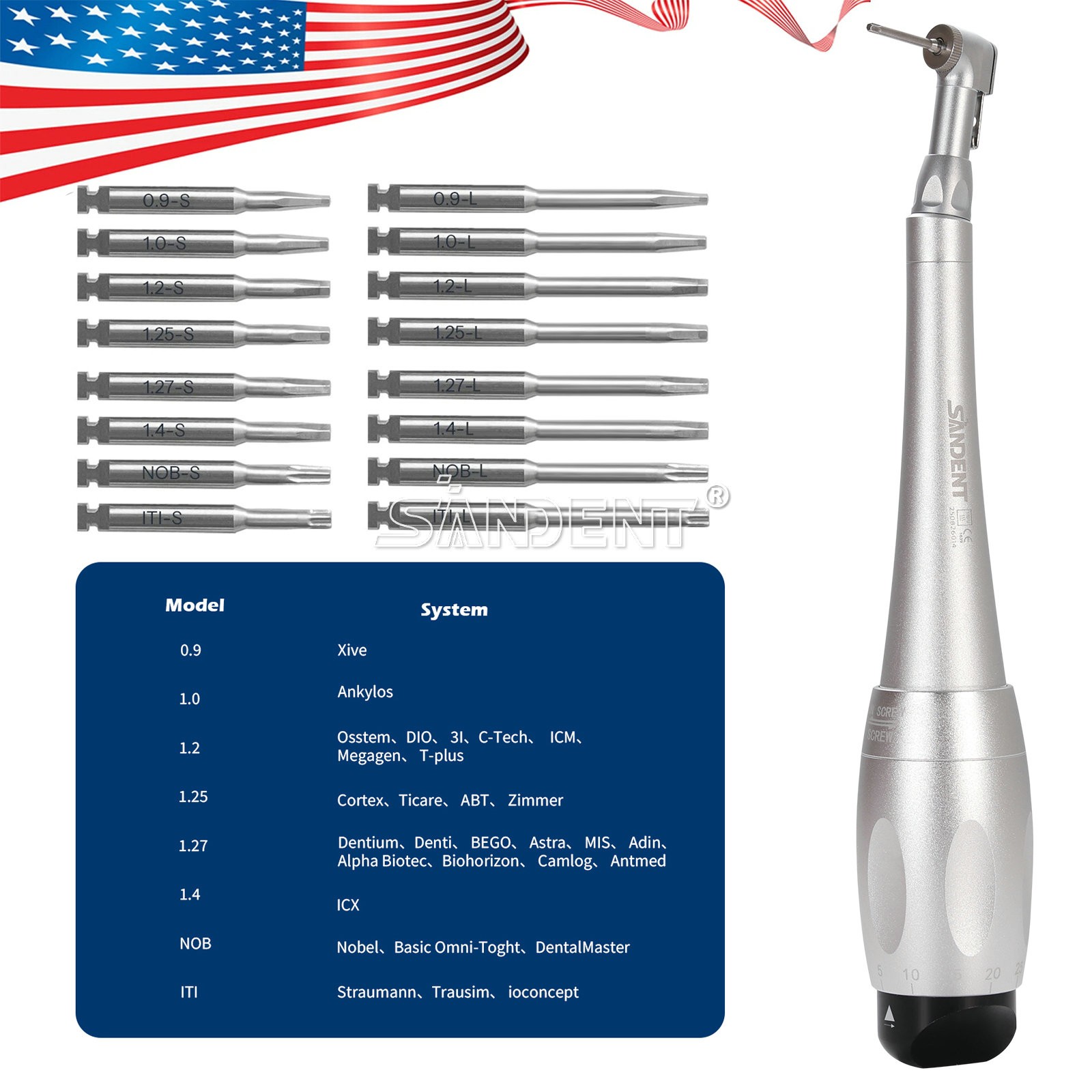 SANDENT Dental Torque Wrench Universal Implant Kit Wrench Contra Angle+16Driver