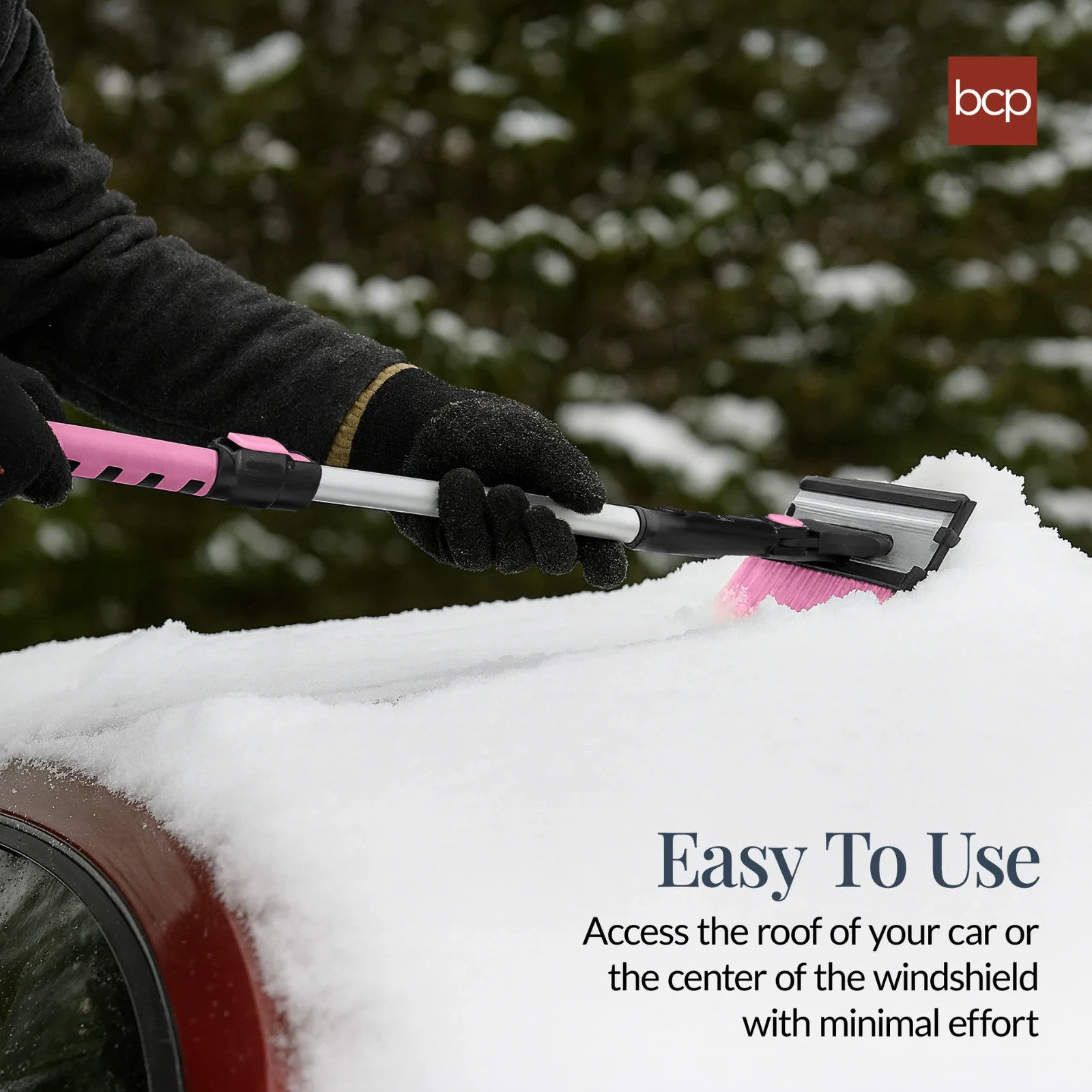 39 in. Pink Extendable Snow Brush with Squeegee and Ice Scraper.