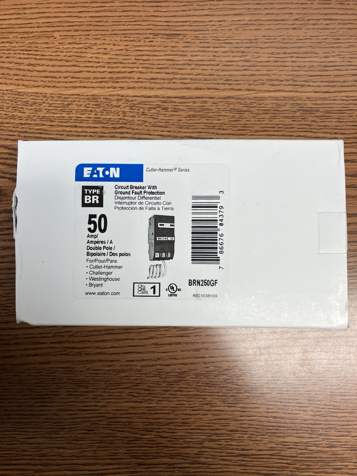 Eaton BRN250GF BR GFCI Circuit Breaker, Pigtail Neutral, 50 A 2 Pole 120/240 V