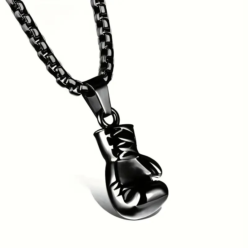 Edgy Boxing Pendant Necklace, Sleek Black Polished Metal , Unisex