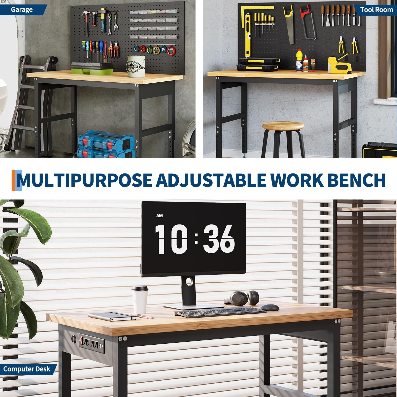 GRAVEE 48" Workbench with Pegboard Wall 2000lbs Garage Table Adjustable Height