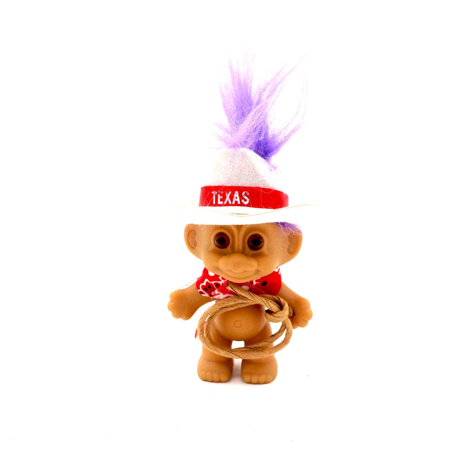 Texas Cowboy Troll Doll Purple Hair White Hat Red Scarf Lasso Vintage Toy