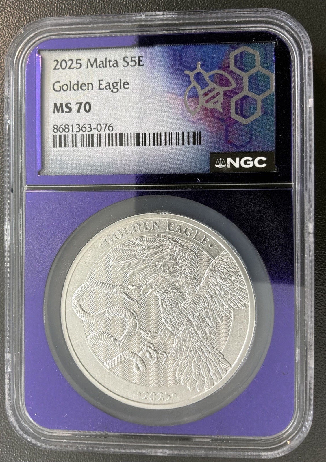 2025 Malta Golden Eagle 1 oz . 999 Silver NGC MS70 Purple TraderBea Core/Label