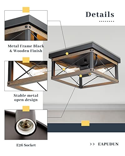 12-Inch Farmhouse Flush Mount Ceiling Light, 2-Light Square Rustic Ceiling