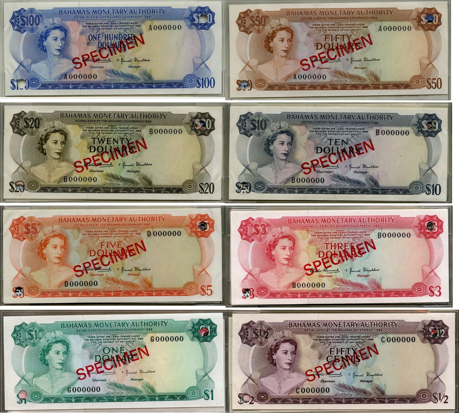 🎀Bahamas  1969 (Act of 1968)  Presentation Set of Specimen Note(Total: 8 notes)