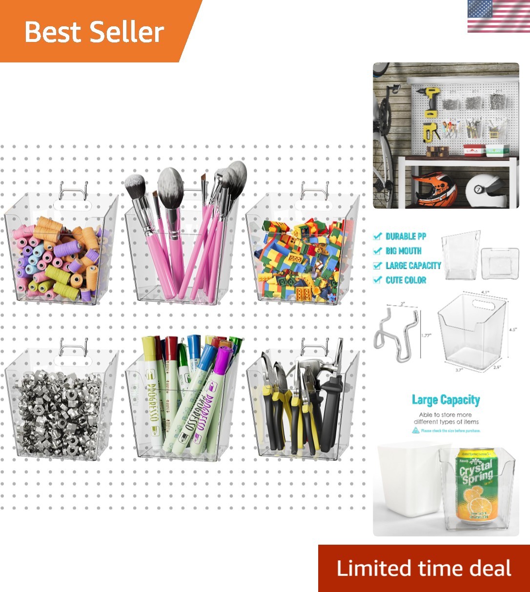 Versatile 6 Clear Pegboard Storage Cups with Hooks - Perfect for Home & Office