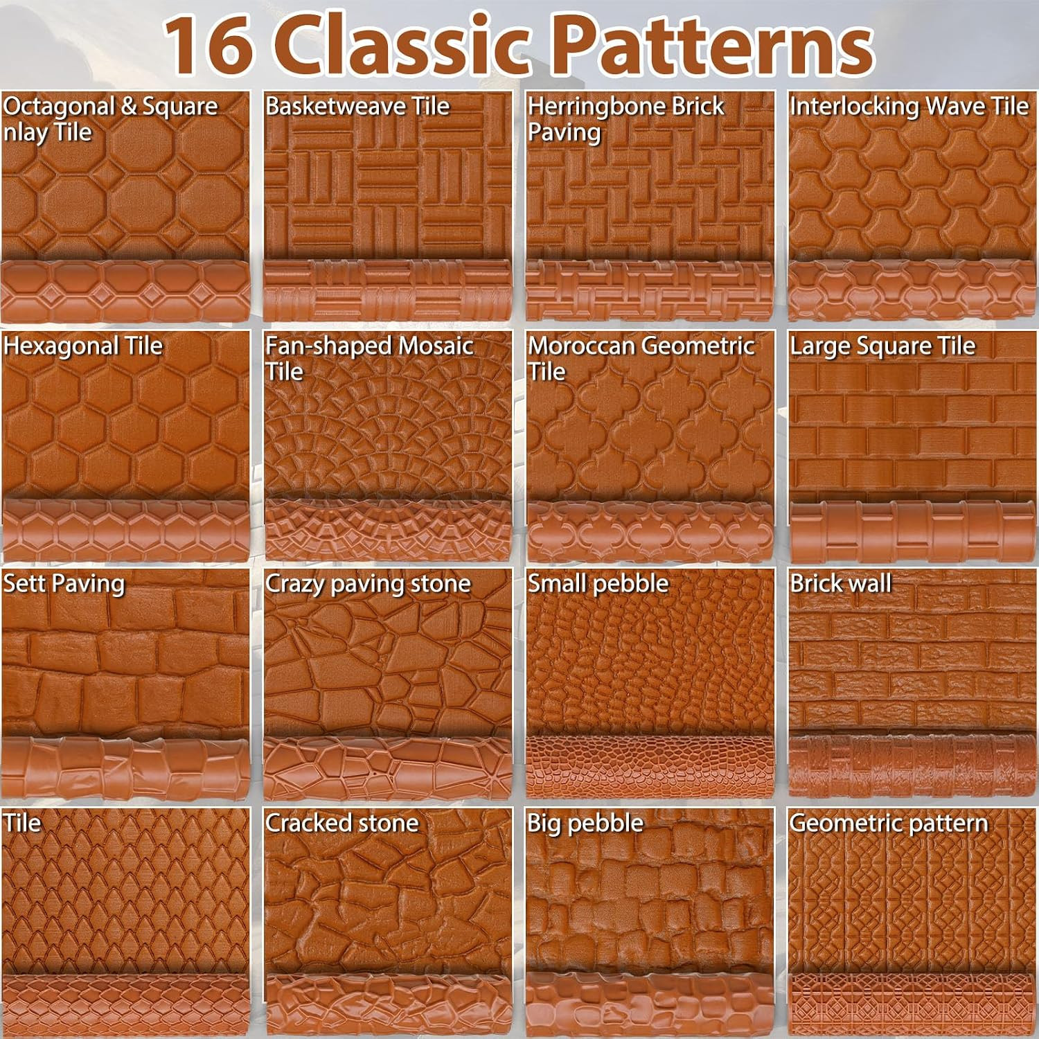 17 Pcs Clay Texture Roller Set with Handle, 8-Pattern 3D-Printed