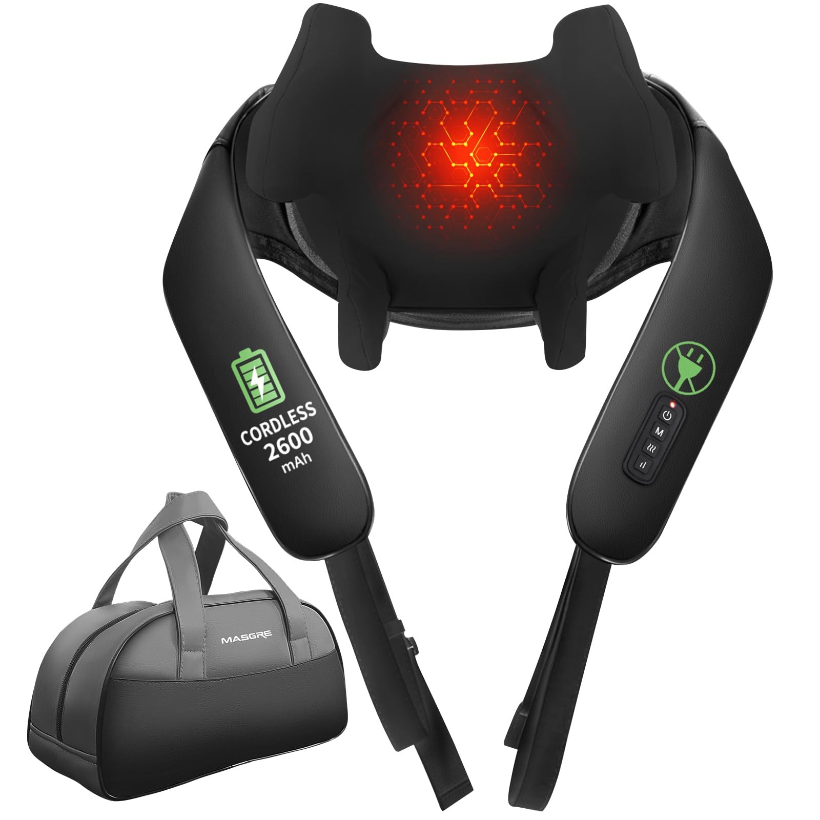 Shiatsu Neck and Back Massager with Heat, Upgraded 2600mAh Cordless Shoulder Mas