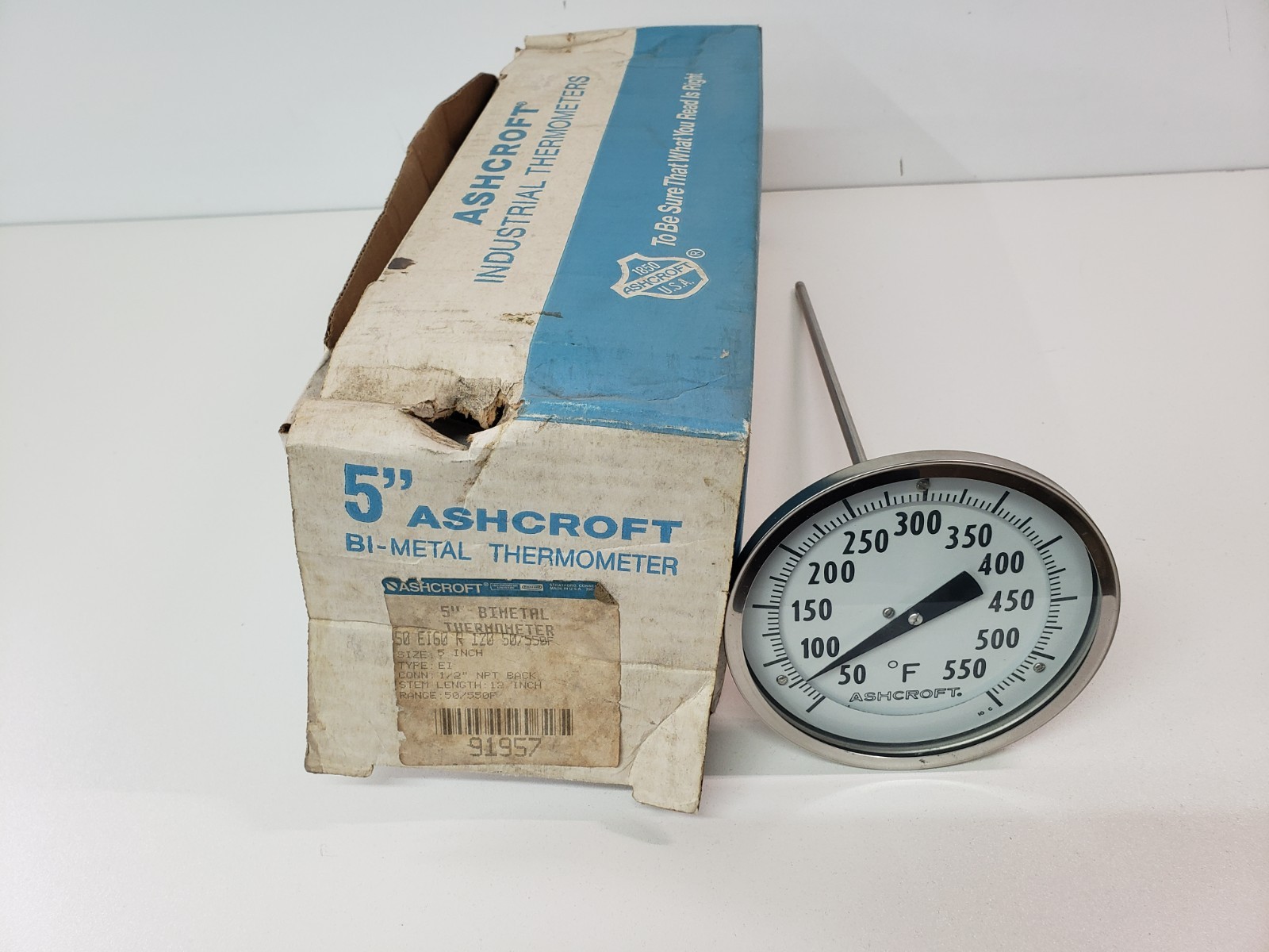 UNUSED - Ashcroft 50 EI60 R 120 50/550F Thermometer 5" Bimetal 1/2"NPT 91957