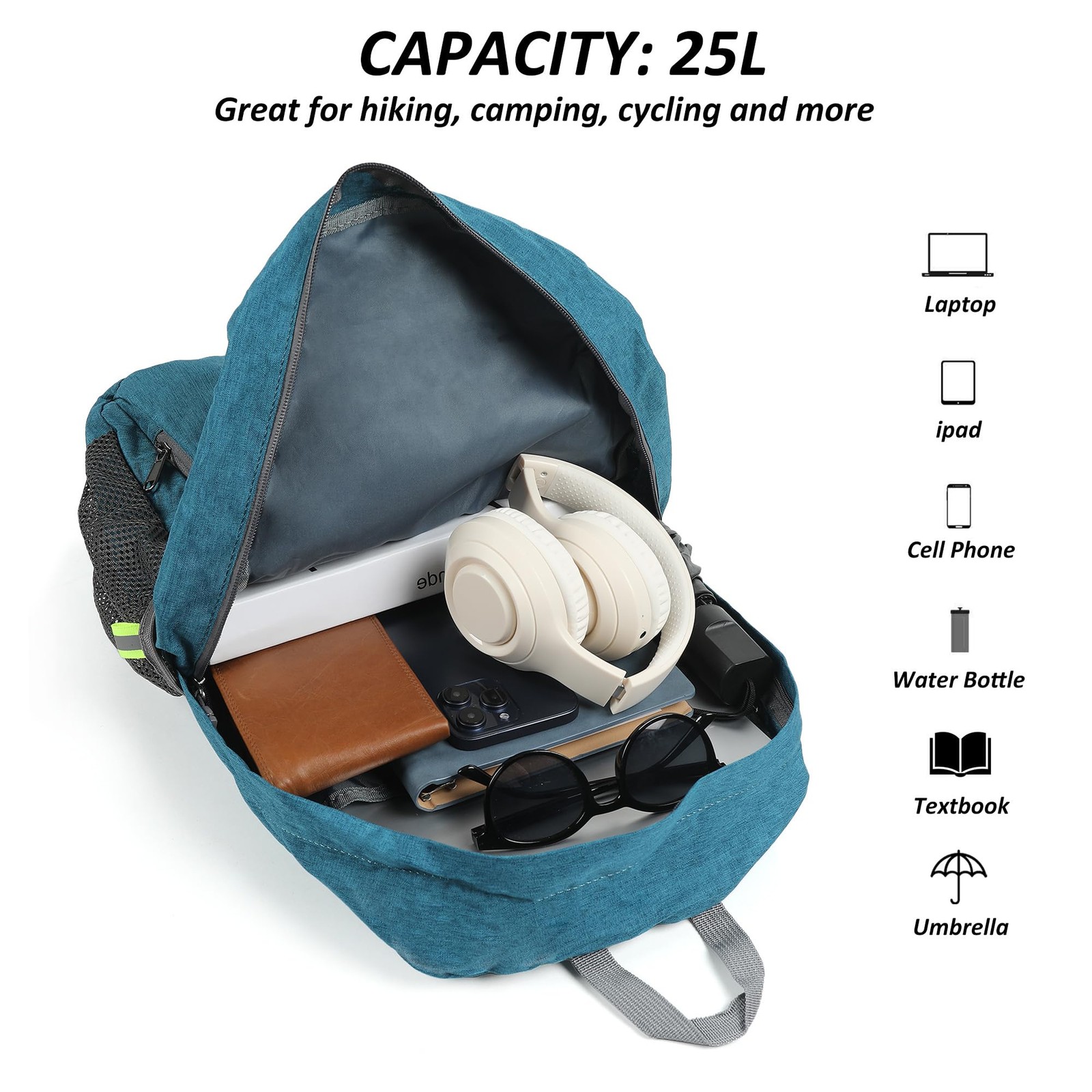 Ultra Lightweight Packable Backpack 25L Foldable Hiking Daypack Teal Blue
