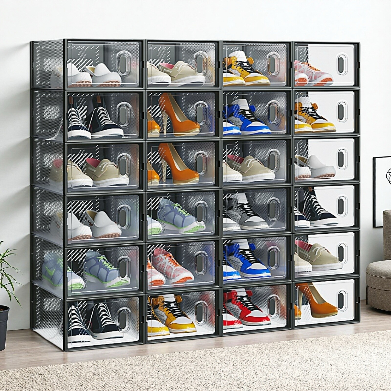 24-Pack Shoe Storage Boxes - Stackable, Door, Plastic Mesh, Black & Small Size