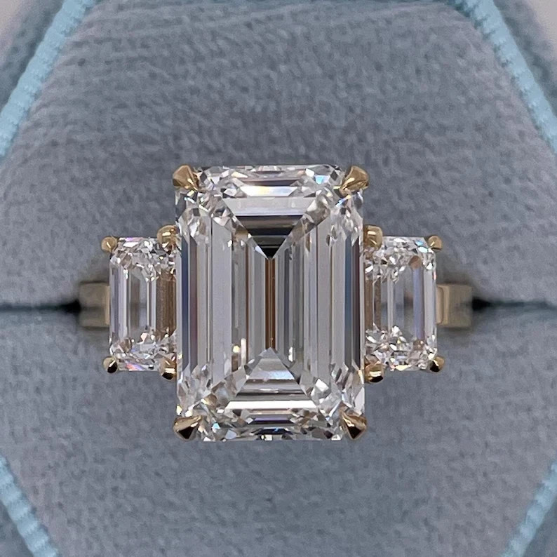 Emerald Cut 3.20 Ct Moissanite 3-Stone Engagement Ring 14K Yellow Gold Finish