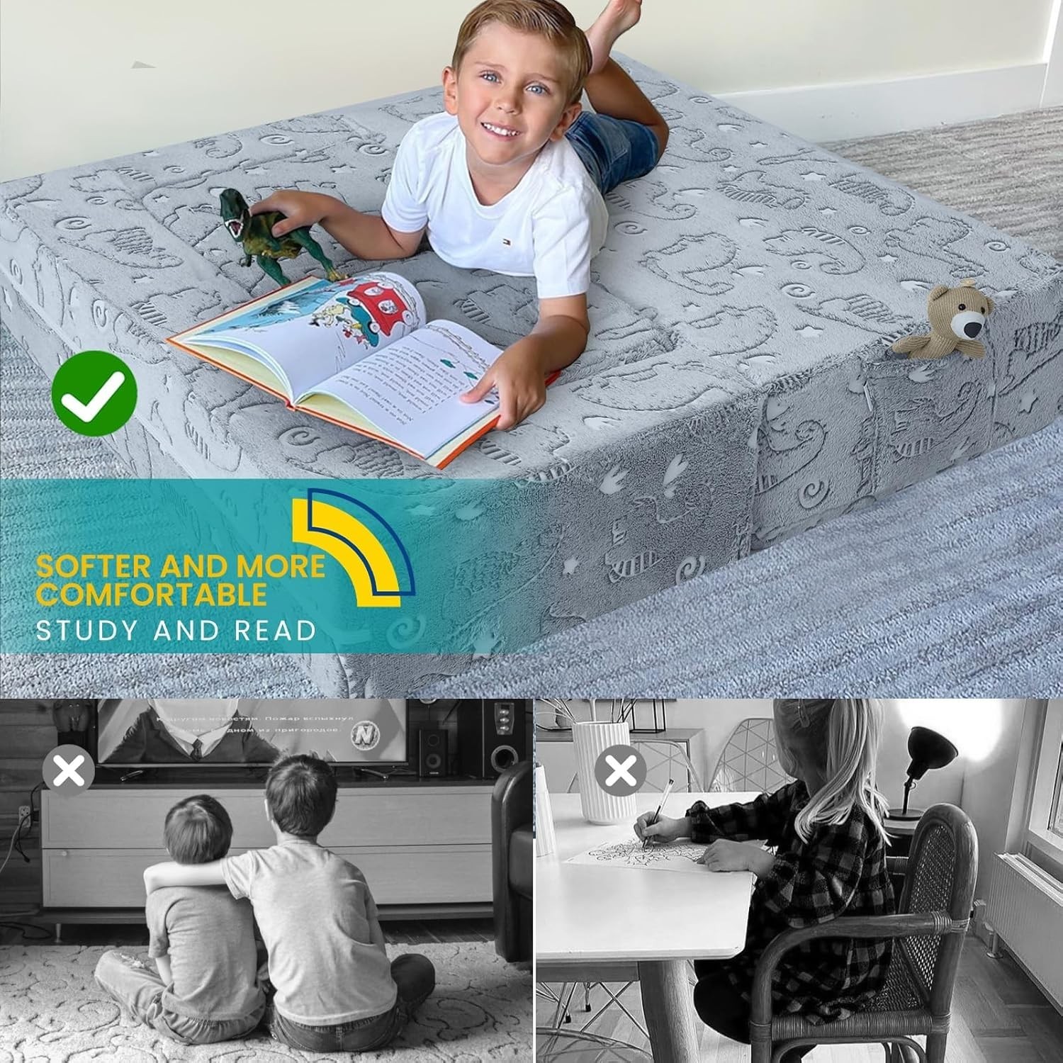 Dinosaur Glow Foam Kids Play Couch Set, Gray Modular Sofa & Lounger – Glow-Af...