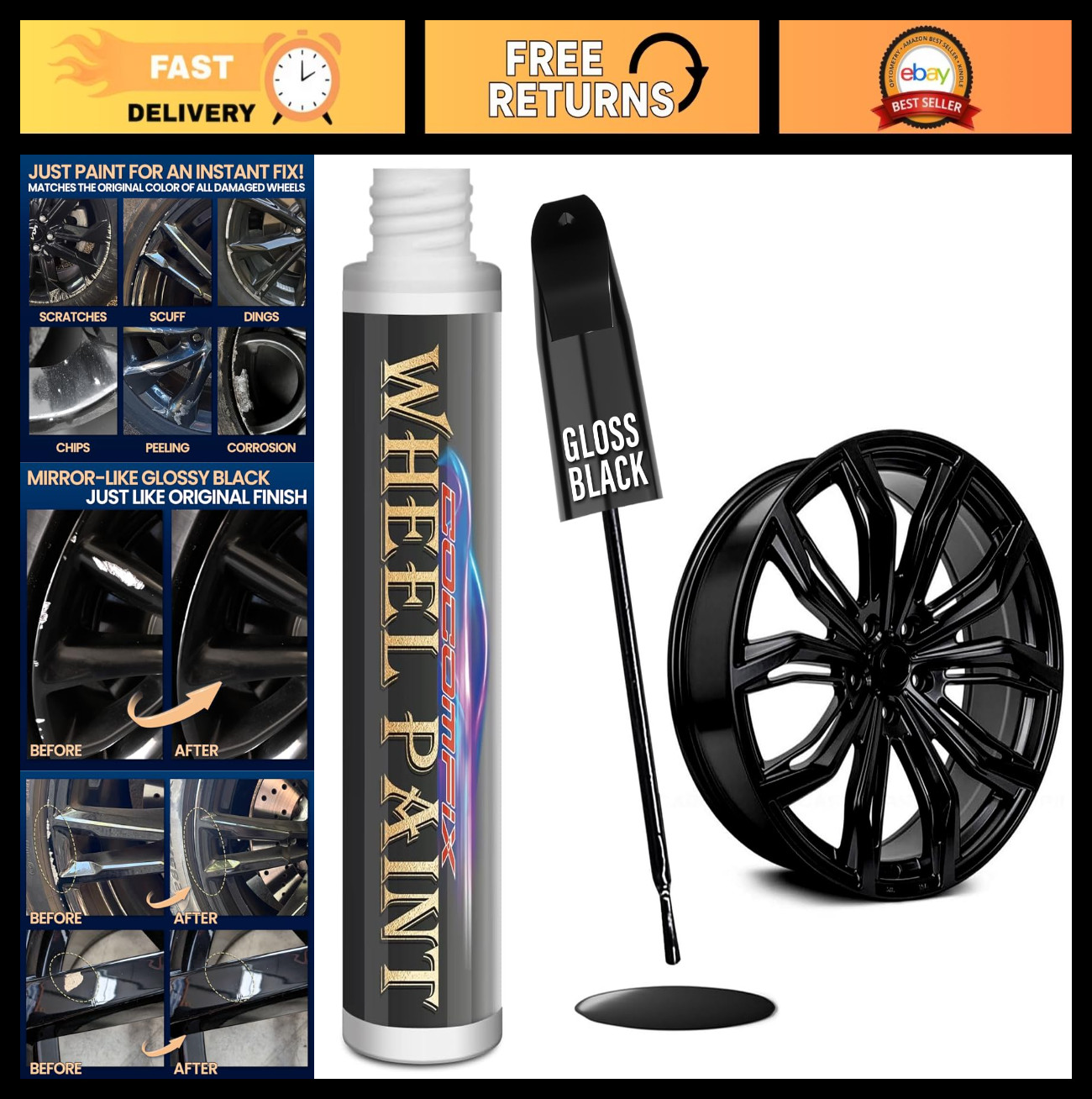 Gloss Black Rim Touch Up Paint - Car Wheel Scratch Repair Kit for Curb Rash, 1 f