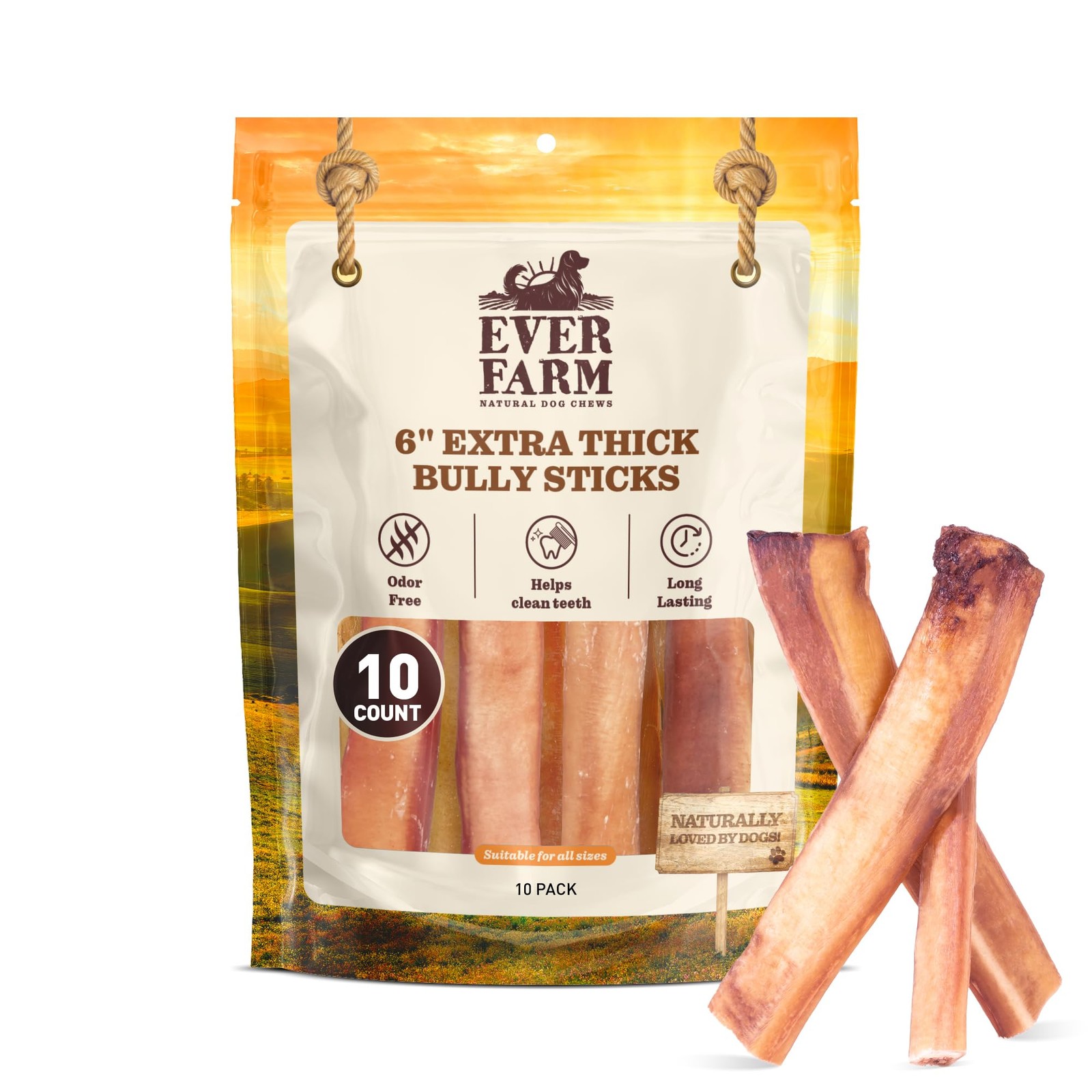 EVER FARM Pet Odor-Free Extra Thick Jumbo Bully Sticks for 6"10 pack