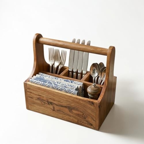 POSHIO Premium Wooden Utensils Cutlery Holder/Caddy 4 Section with Handle