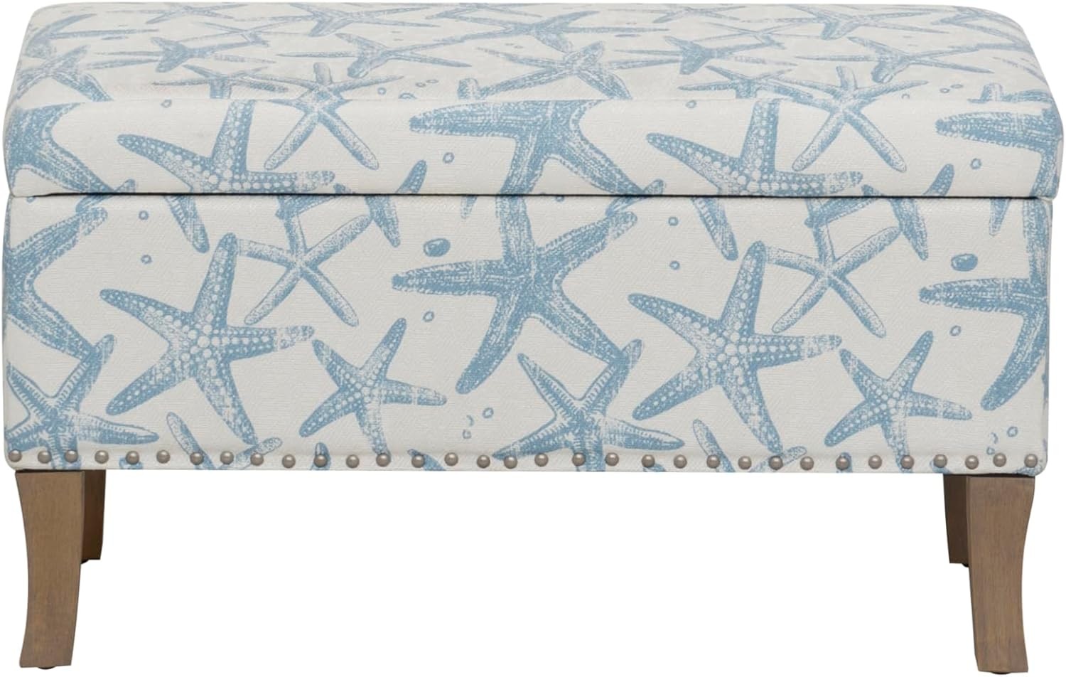 Stephanie Cream & Light Blue Starfish Fully Upholstered Bench W/ Hidden Interior
