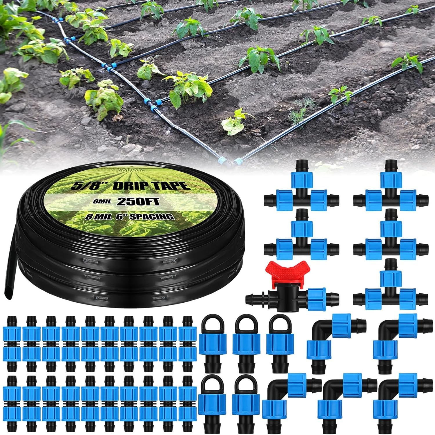 Tondiamo 250 ft 5/8 Inch Drip Tape Irrigation Tubing Kit 8 Mil 6" 250ft 8mil