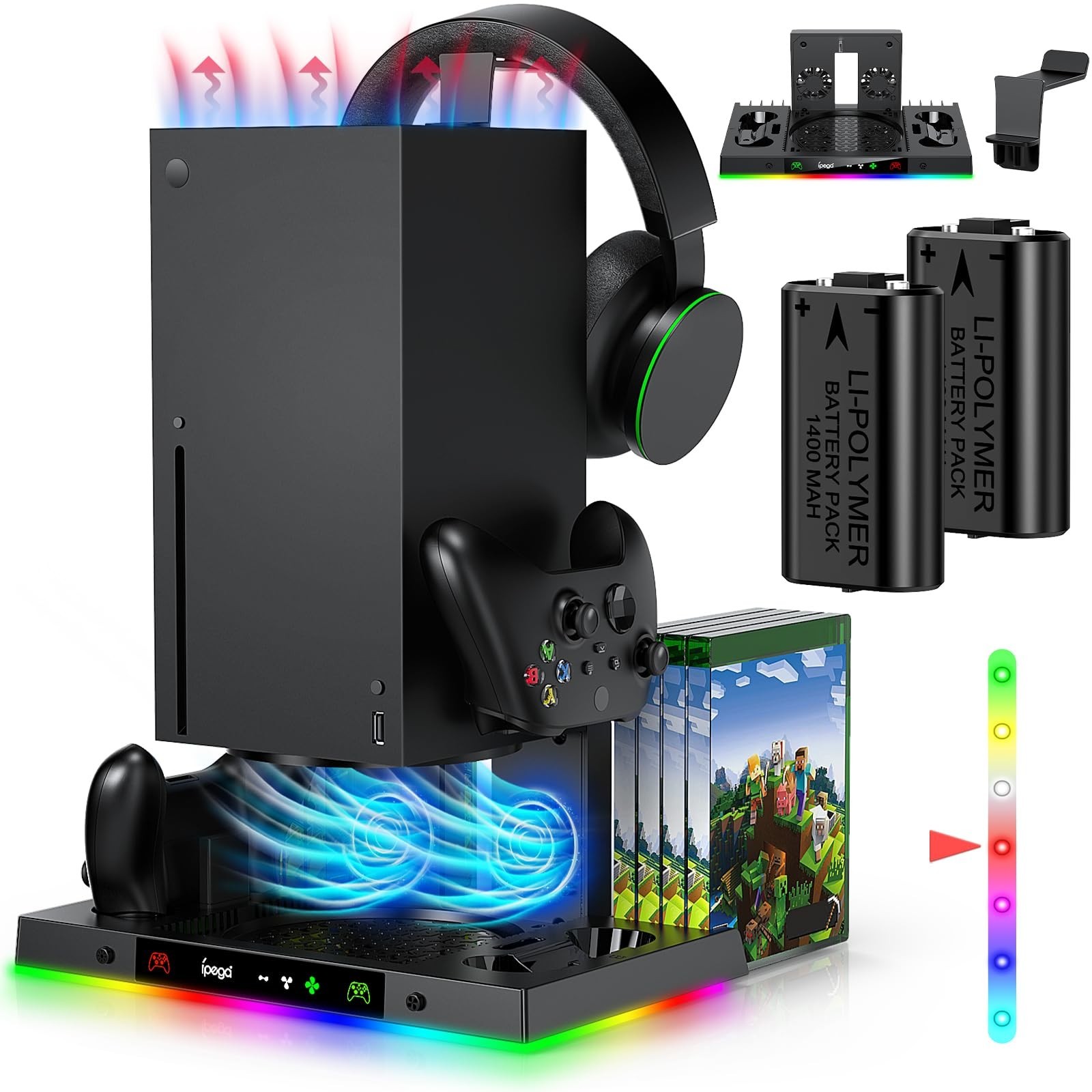 LED Cooling Stand & Charging Station for Xbox Series X - 2X Rechargeable Battery