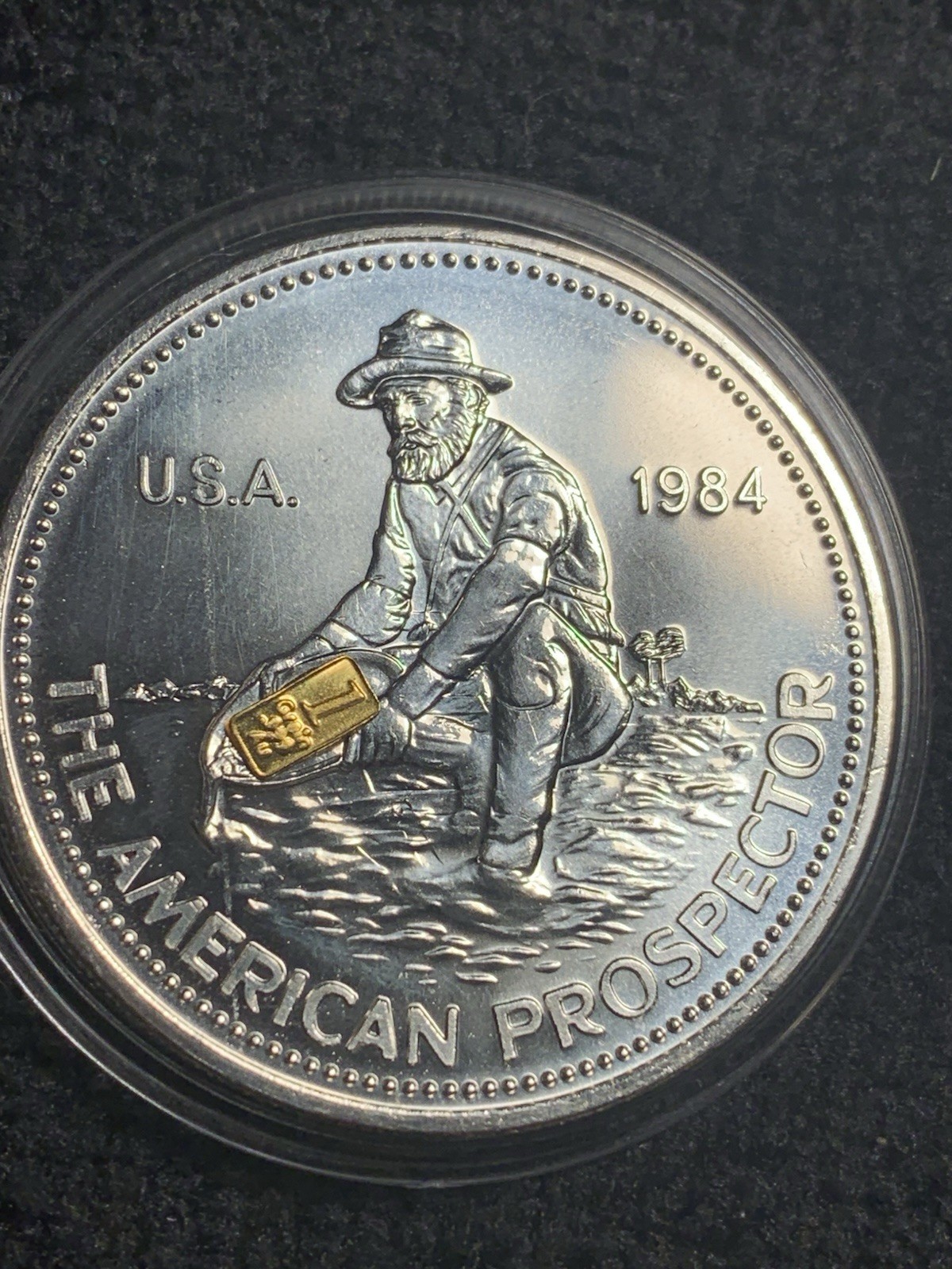 1984 Engelhard Prospector 1oz .999 Silver With 1 Gr Gold In His Pan Unique