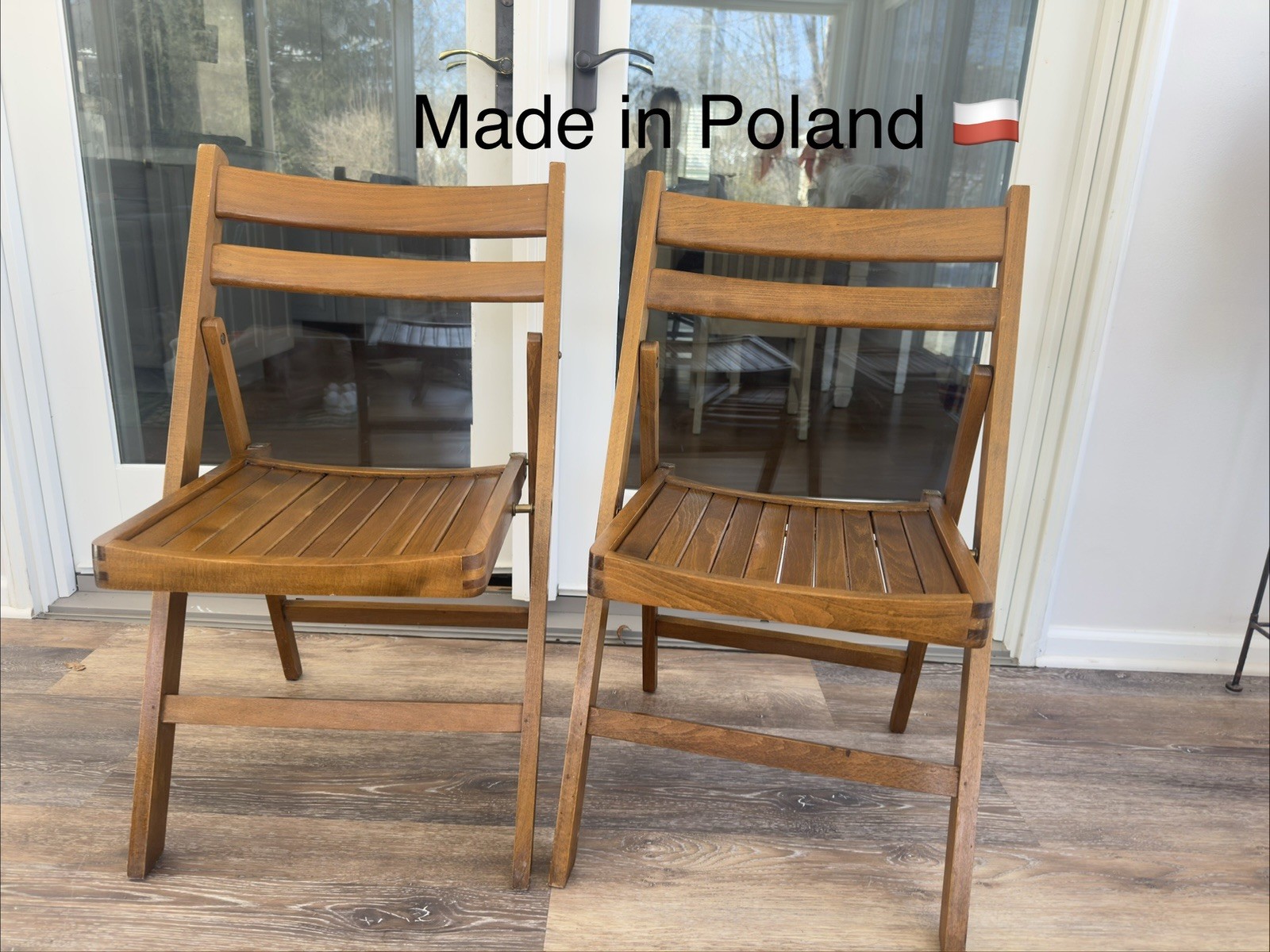 Vintage Mid-Century Polish Wooden Slatted Folding Chairs -set Of 2