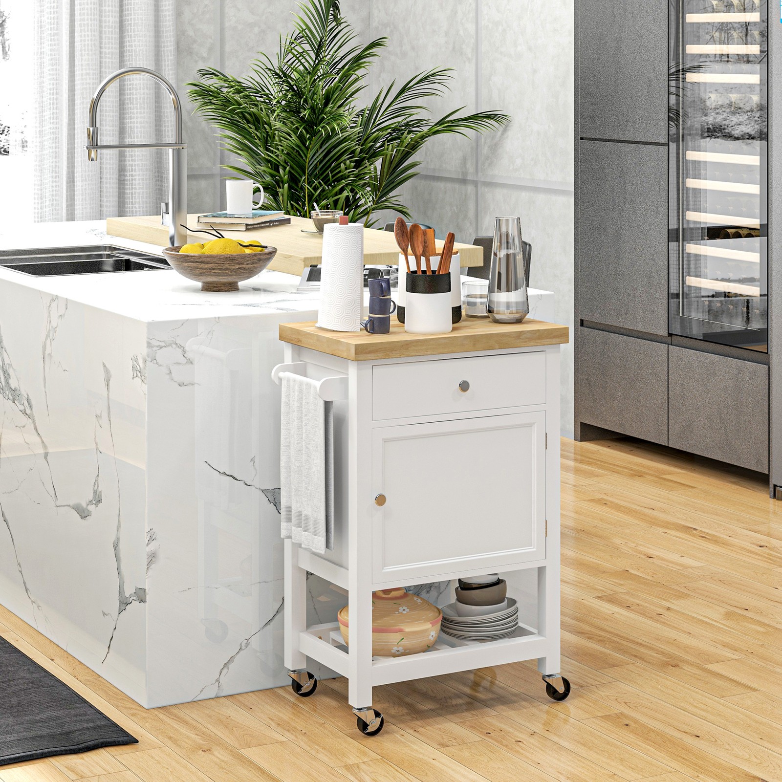 Rolling Kitchen Cart, Drawer, Cabinet, Wine Rack, Towel Bar, White & Oak