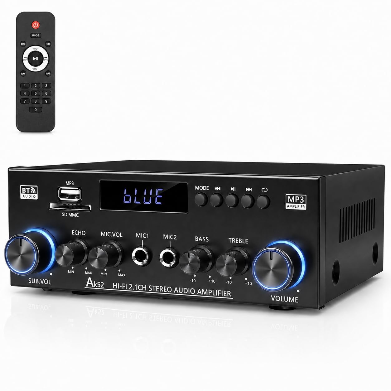 Bluetooth 5.0 Stereo Amplifier, 2.1 Channel 400W Home Audio Stereo Receiver for