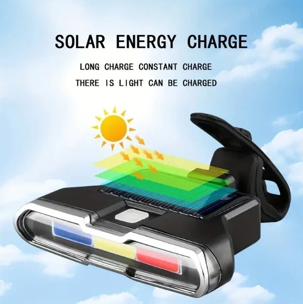Rechargeable Solar Bicycles Rear Light Warning Lamp Tricolor, 7 Modes Adjustable