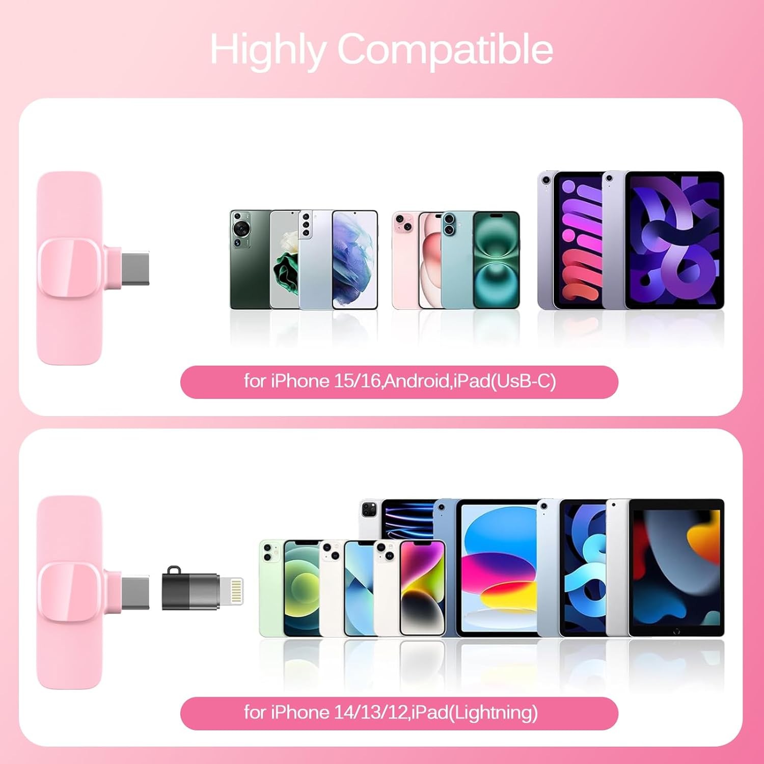 Pink Wireless Lavalier Microphone for iPhone & Android - Mini Clip-On Mic with N