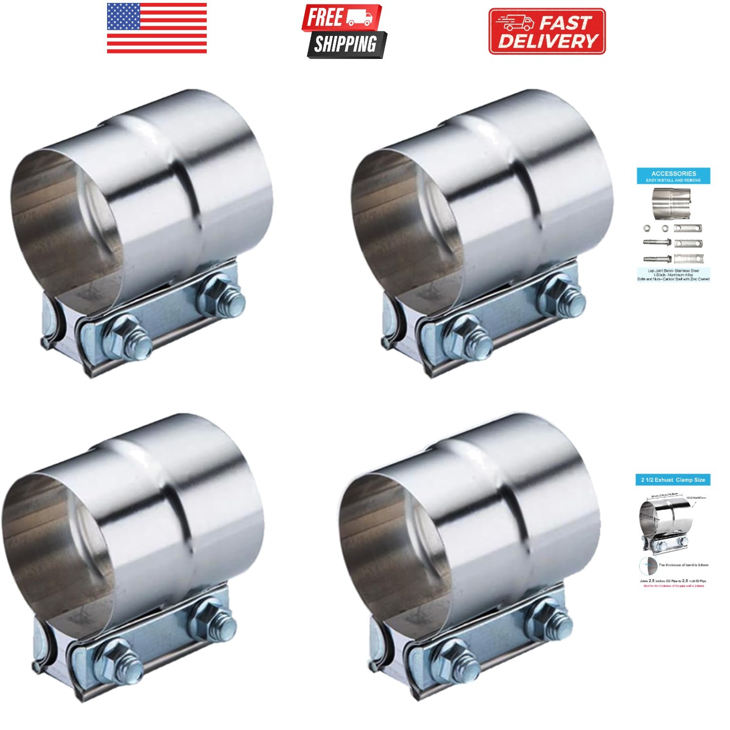2.5 Inch Exhaust Clamps 4 Packs,2 1/2in Lap Joint Band Clamp 304 Stainless St...
