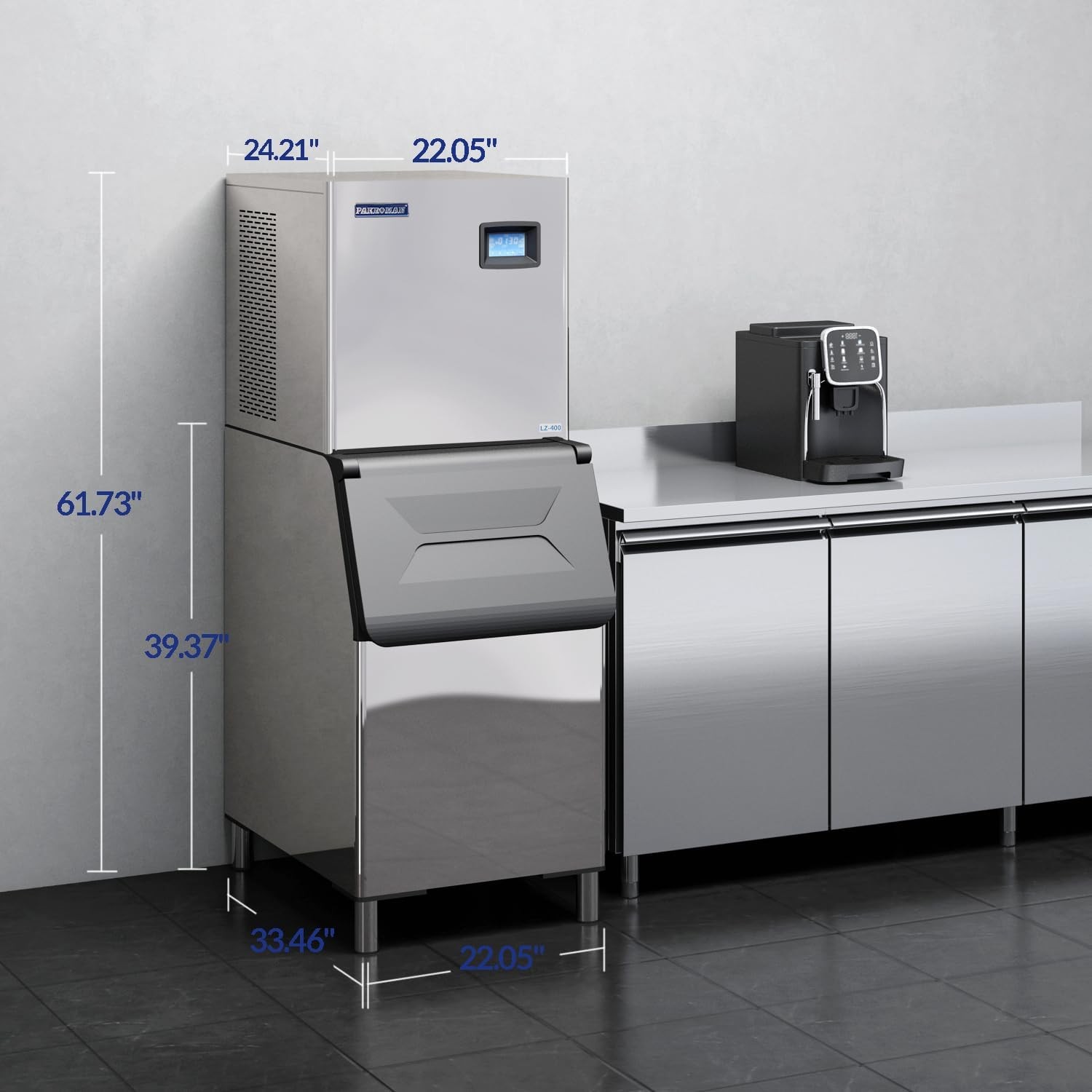 PAKROMAN 610LBS/24H Air Cooling Commercial Ice Maker Machine400lbs Storage Bin