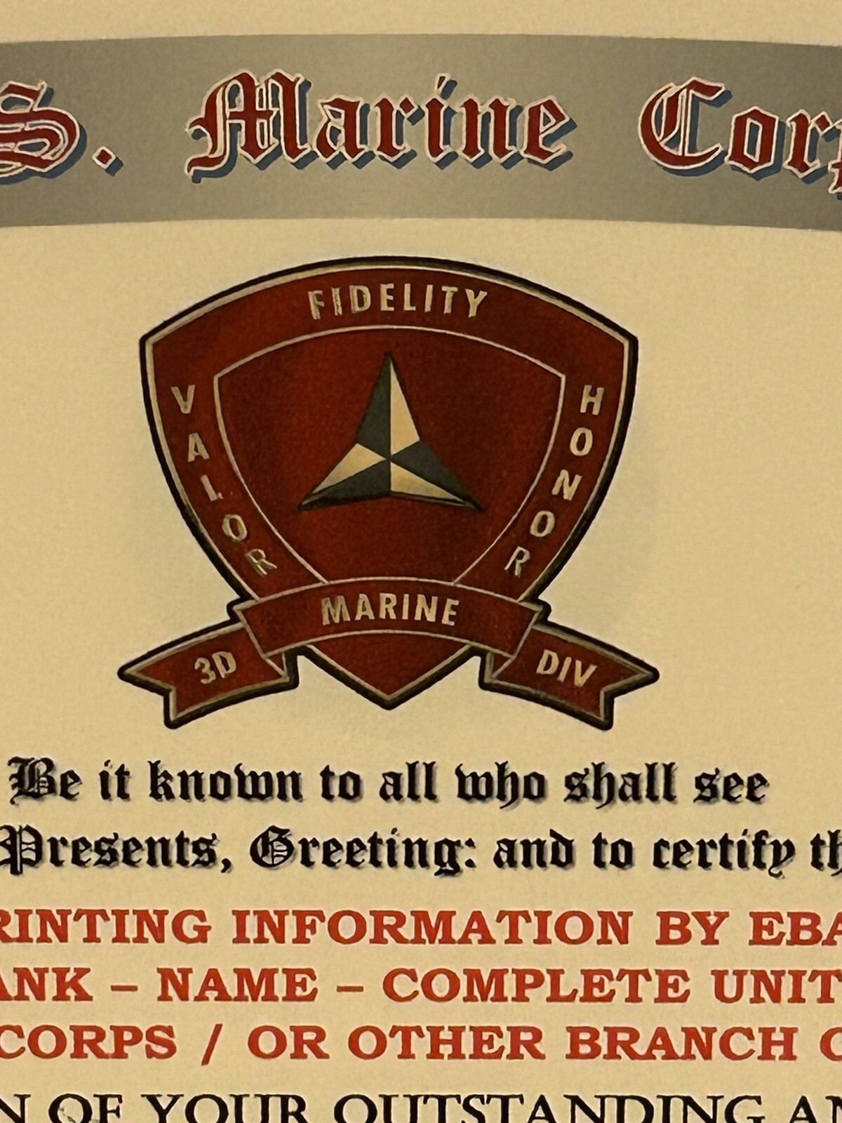 U.S.M.C. / 3RD MARINE DIVISION ~ UNIT COMMENDATION AWARD / CERTIFICATE