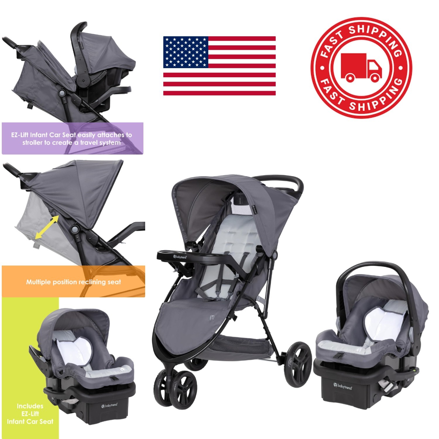 Stroller Travel System with EZ Lift Infant Car Seat Stellar Grey Compact Design