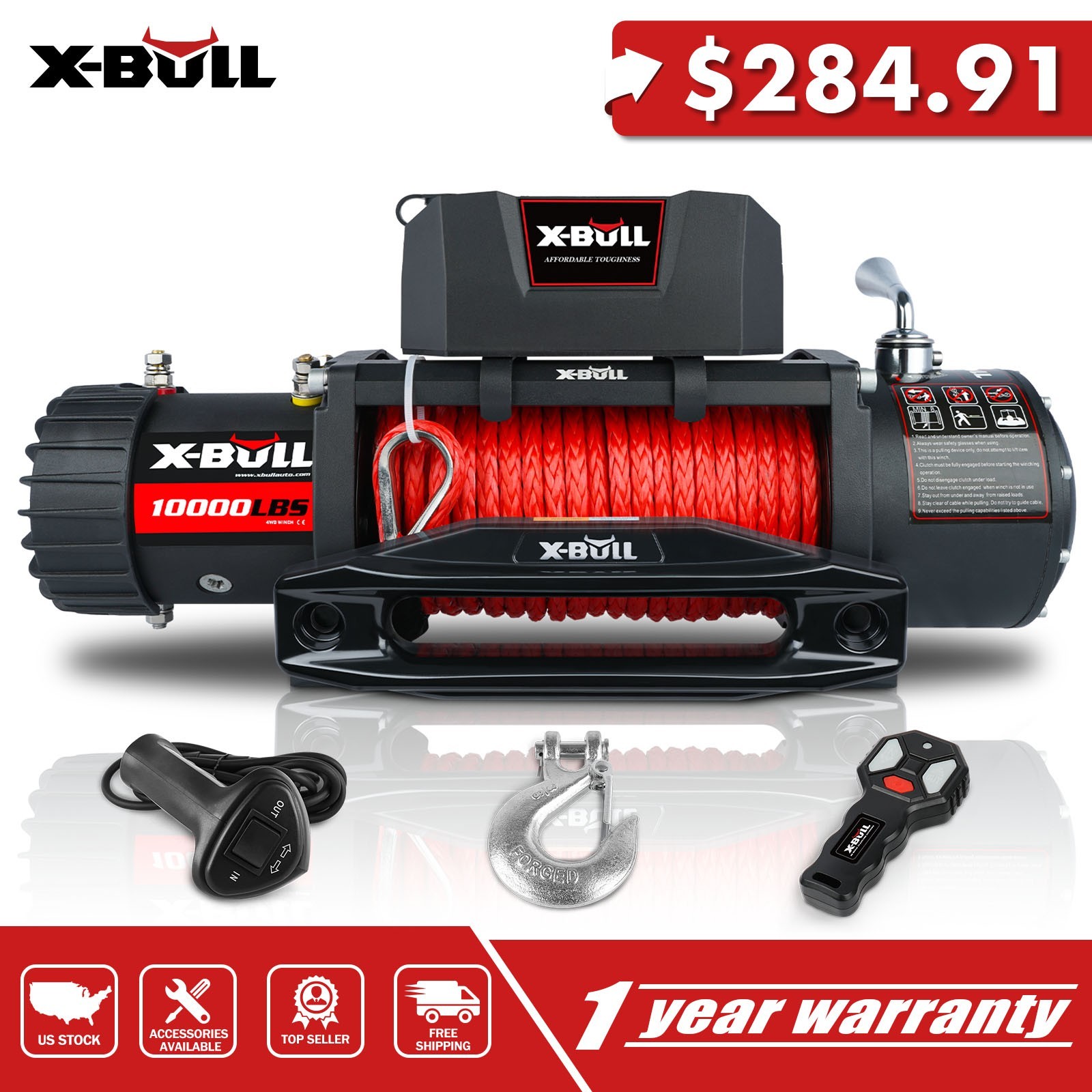 X-BULL Electric Winch 10000LB 12V Synthetic Rope Remote Control Towing Truck 4WD