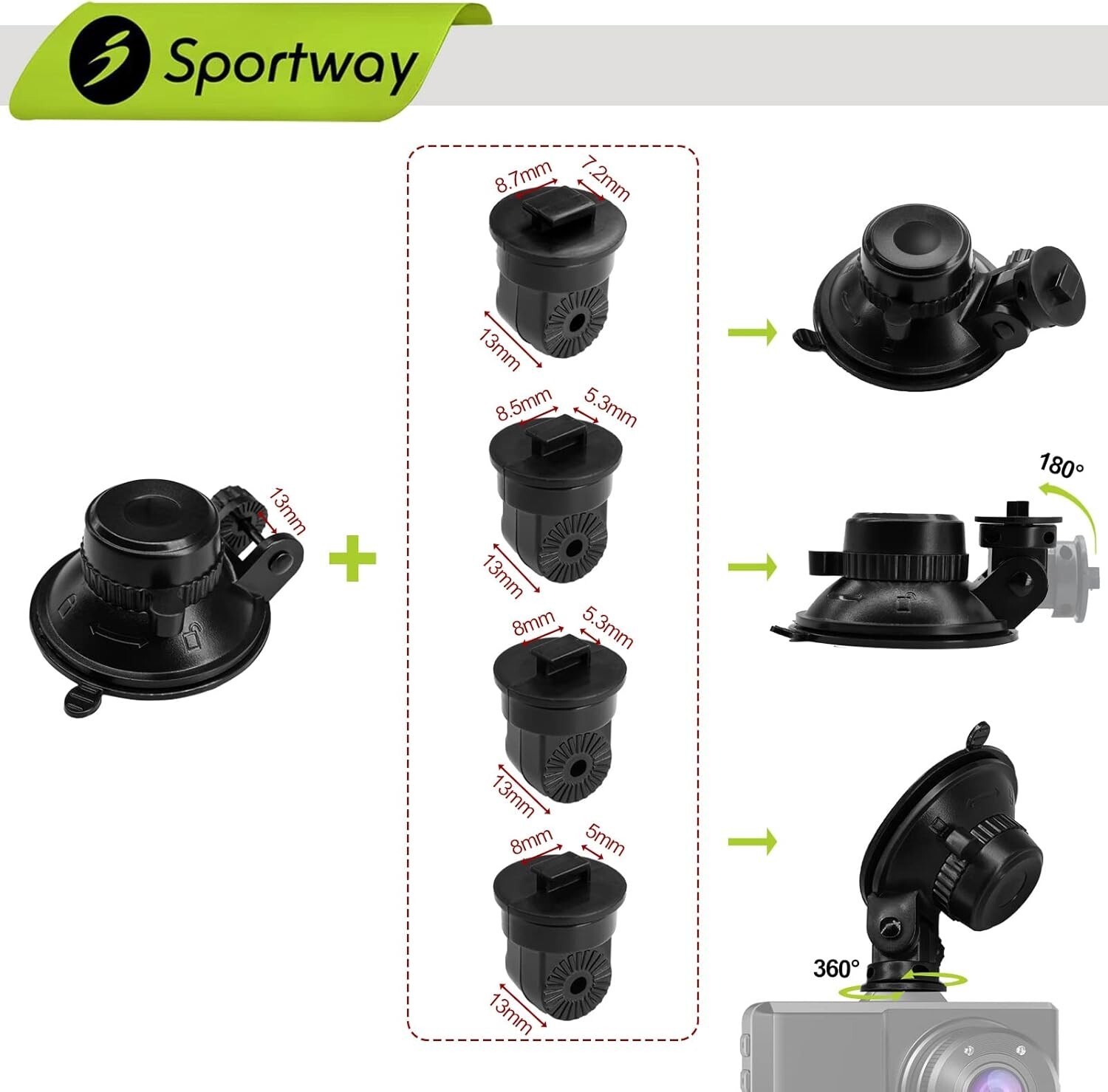 Suction Cup Dash Cam Mount ABS 4.33" 360° Rotation Secure Windshield Holder