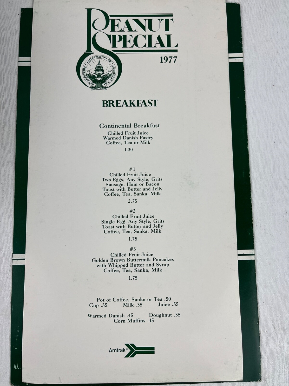 Jimmy Carter's Inauguration Train Menu "PEANUT SPECIAL" Plains Ga - Washington