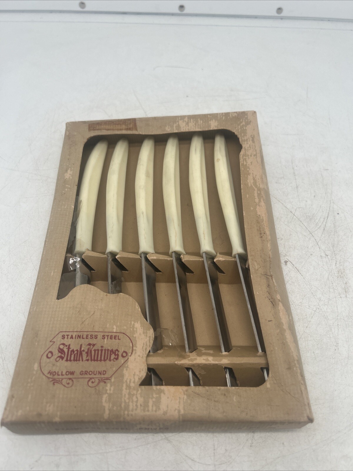 6 Vintage Hollow Ground Steak Knives ~ Mother of Pearl Look Handles Japan J55