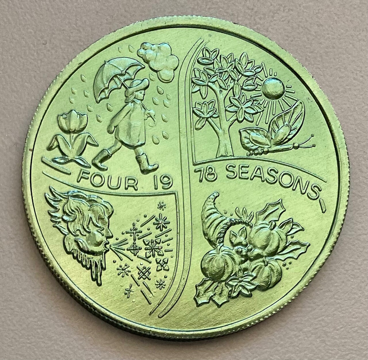CARROLLLTON 1978 Mardi Gras Four Seasons- Green Fin. Aluminum Doubloon.