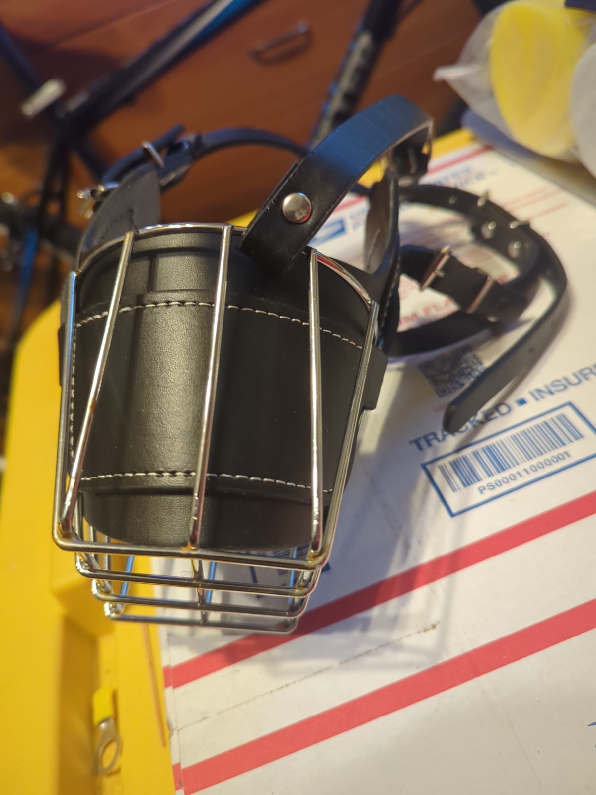 Large Black Leather Look Metal Cage Dog Muzzle Bull Breed Or Shepherd