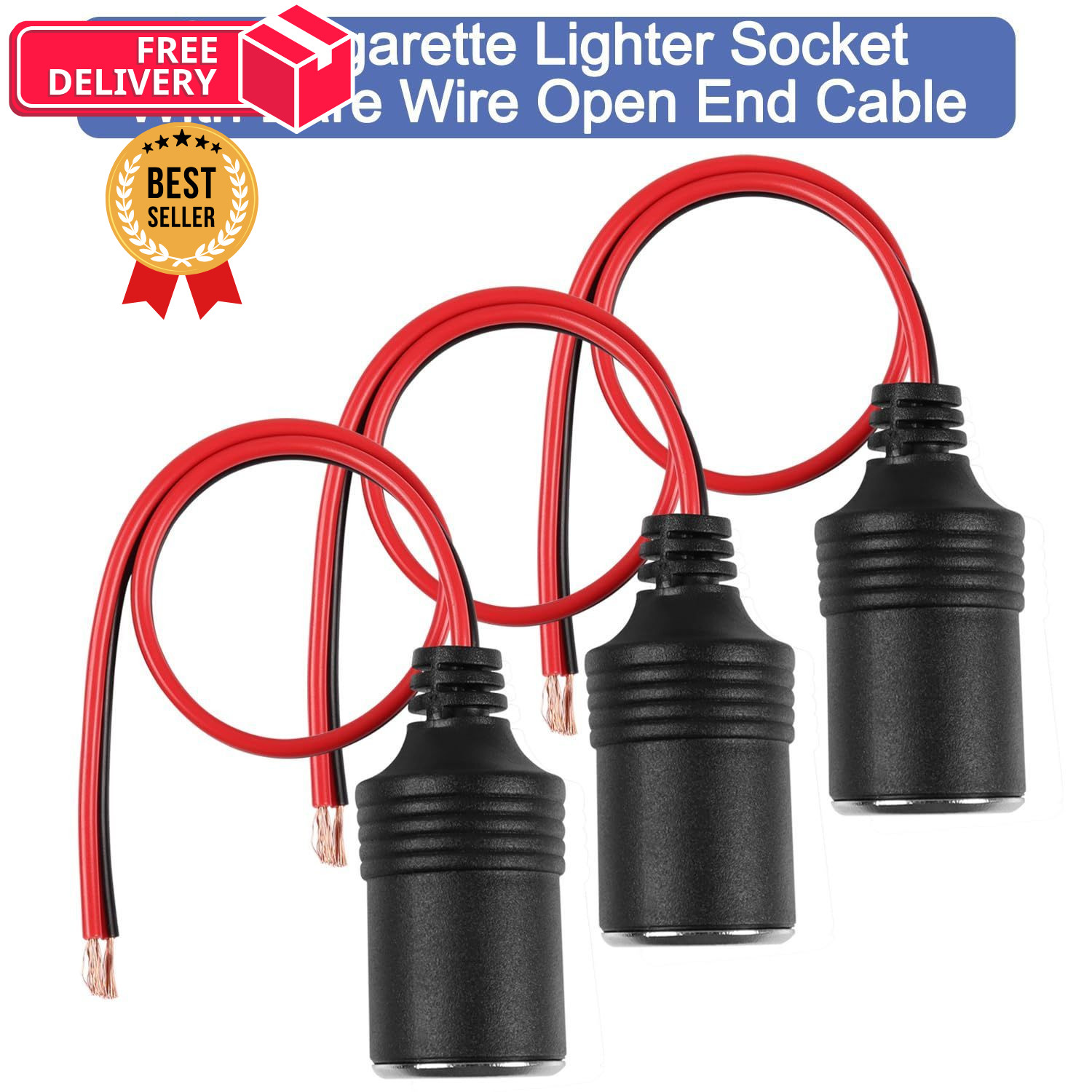 HATMINI 3 Pcs 18AWG Female Car Cigarette Lighter Socket with Bare Wire Open...