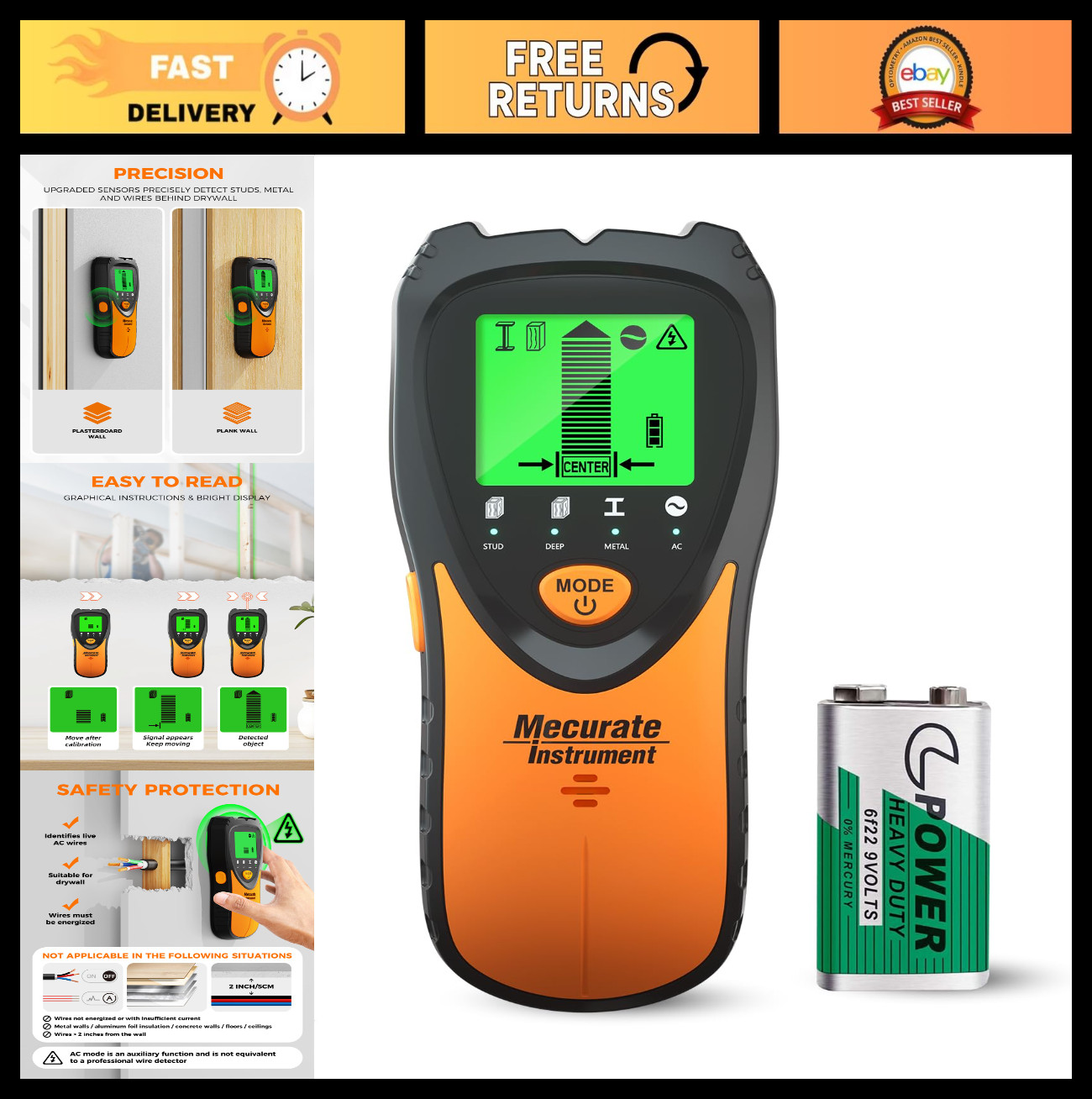 5-in-1 Stud Finder Wall Scanner for Wood, Metal & Live Wires | LCD Display, Audi